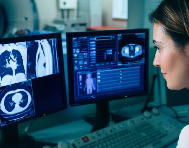 radiologist reviewing chest ct images in the reading room