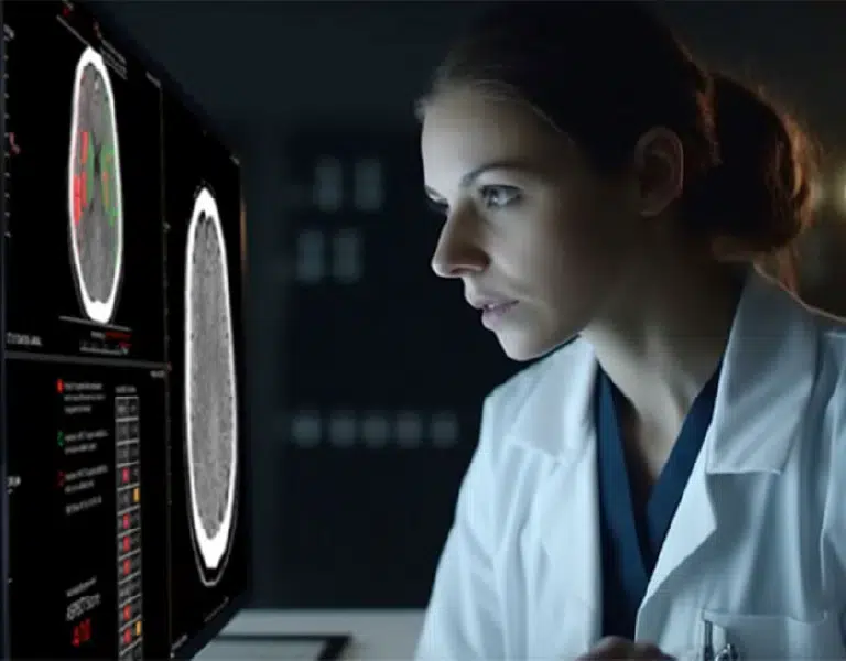 Radiologist reviewing head CT images on reading-room screens