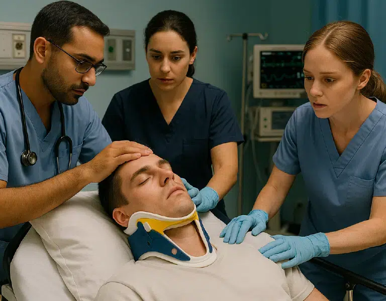 emergency team stabilizing a trauma patient wearing a cervical collar